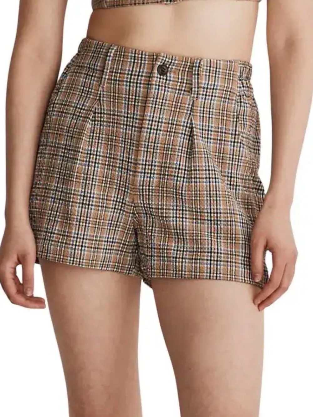 Madewell High-Waist Plaid Shorts in Tan and Cream